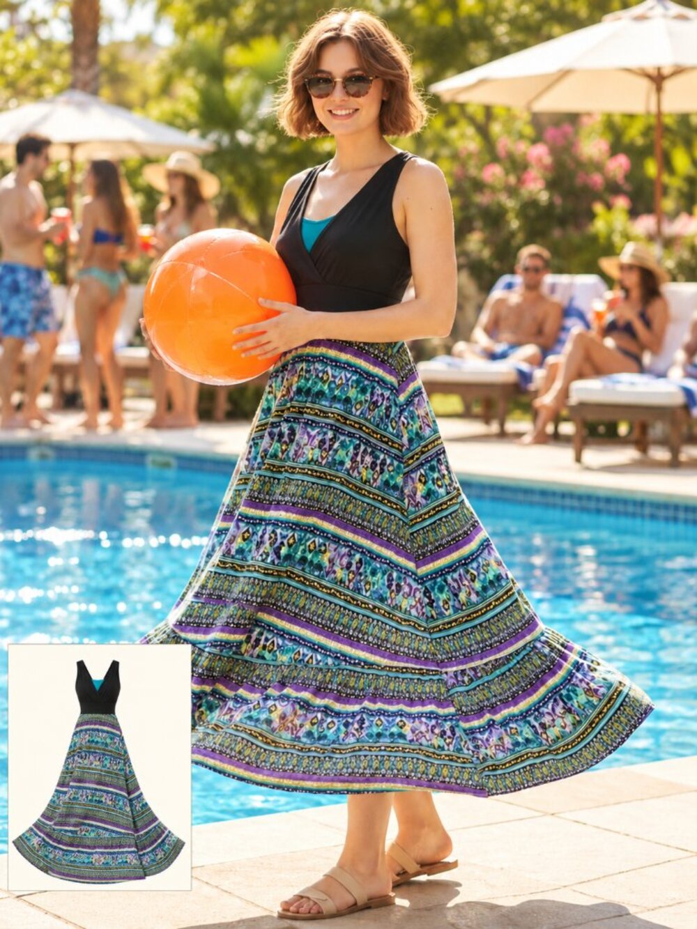 RN Studio by Ronni Nicole Teal Purple Geometric Halter V-Neck Maxi Dress - Small